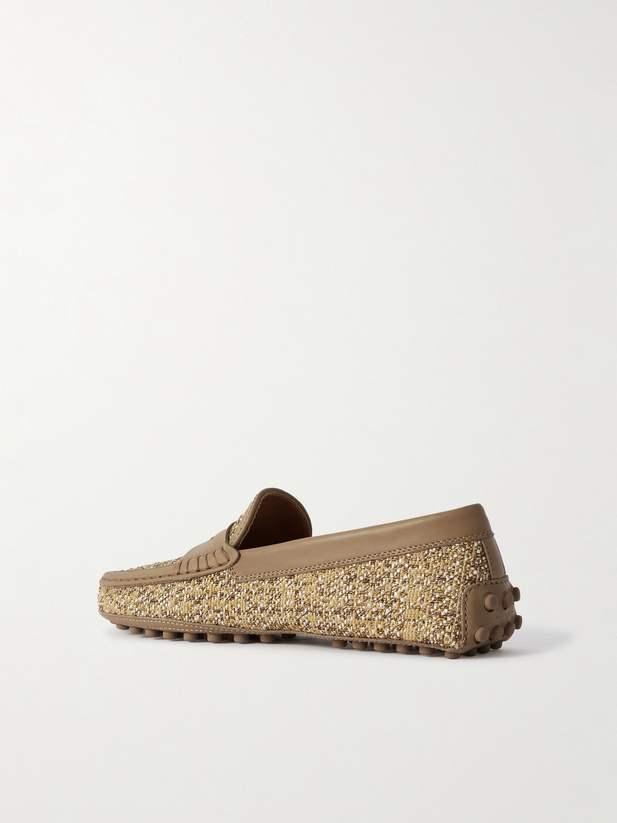 Tod's Leather-trimmed Raffia Mocassins In Neutrals