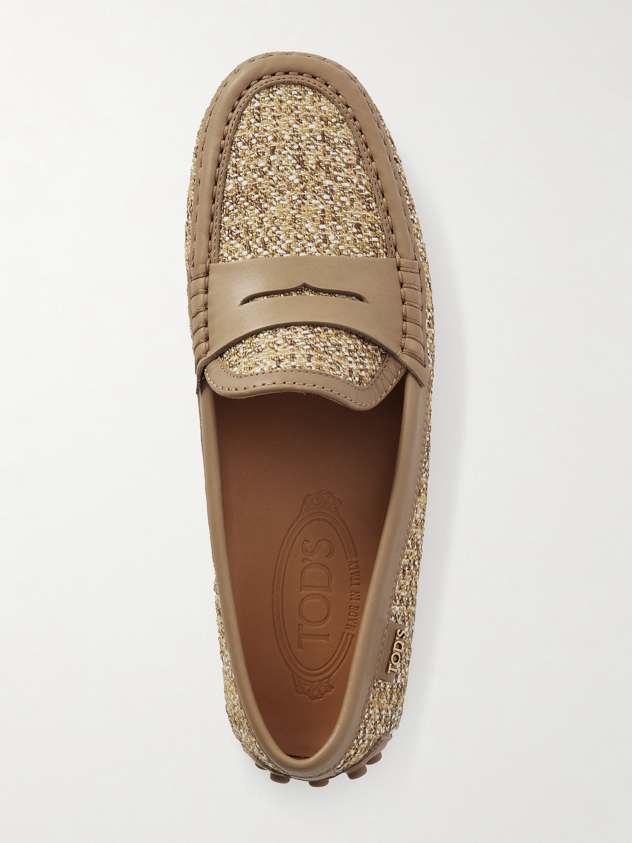Tod's Leather-trimmed Raffia Mocassins In Neutrals