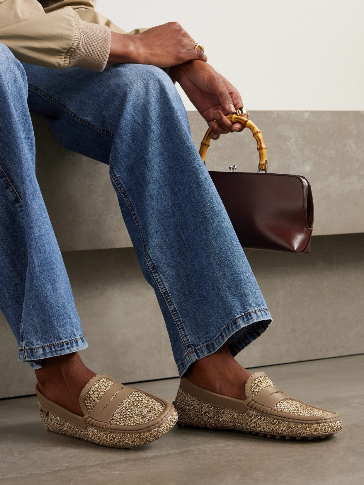 Tod's Leather-trimmed Raffia Mocassins In Neutrals