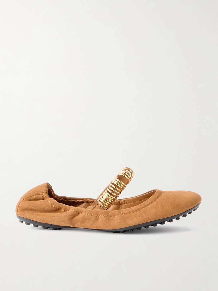 Tod's Ballerina Embellished Leather-trimmed Suede Flats