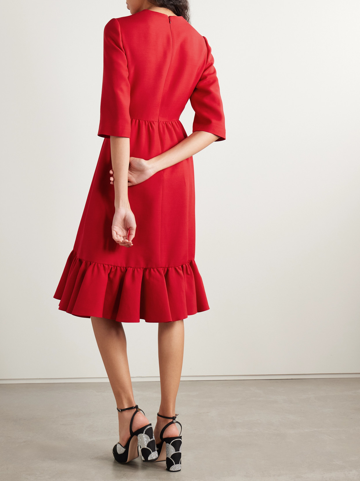 Valentino Embellished Wool And Silk-blend Crepe Midi Dress In Red