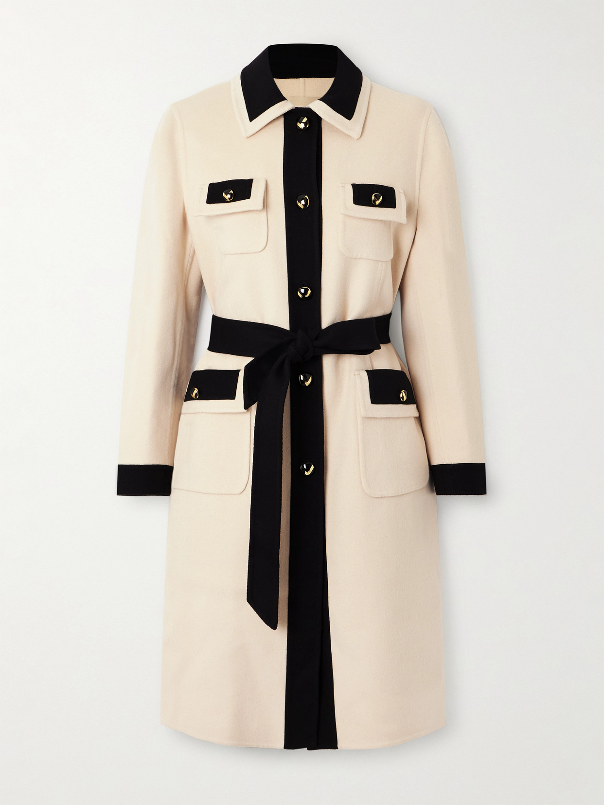 Valentino Belted Collar Coat With Contrasting Profiles And Pockets In Neutral