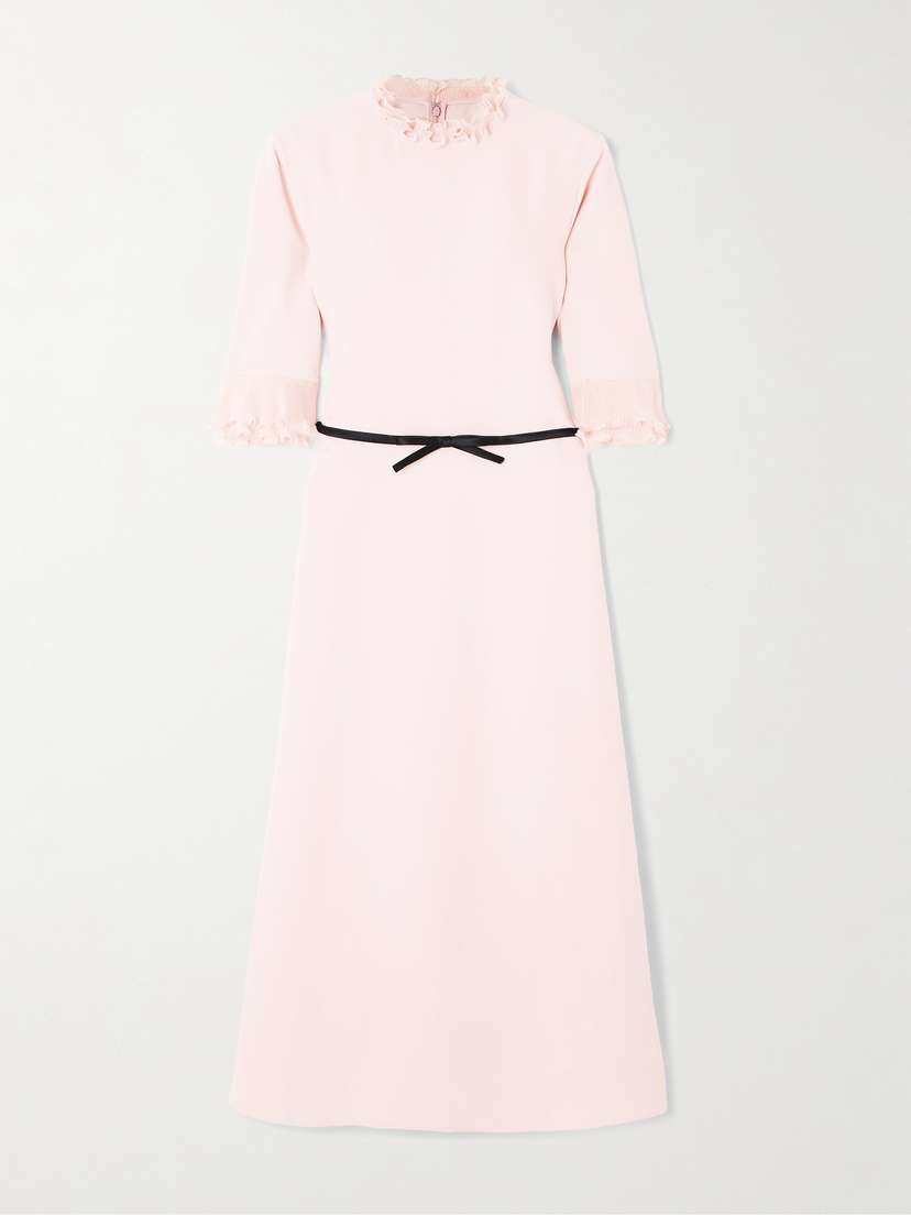 Valentino Garavani Belted Plissé Chiffon-trimmed Crepe Midi Dress