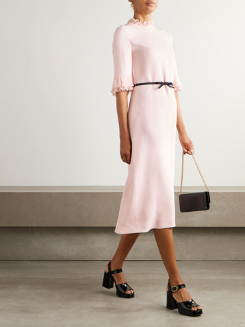 Valentino Garavani Belted plissé chiffon-trimmed crepe midi dress