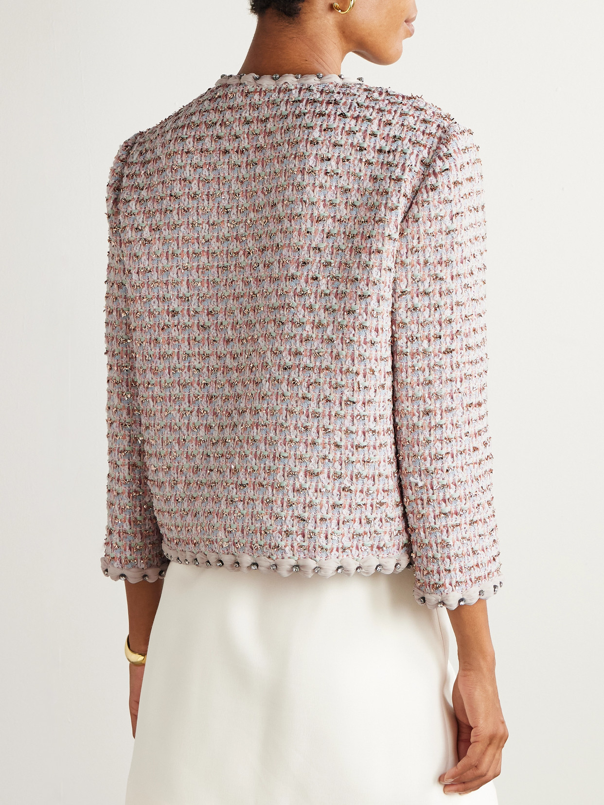 Valentino Embroidered Ribbon Tweed Jacket In Neutral