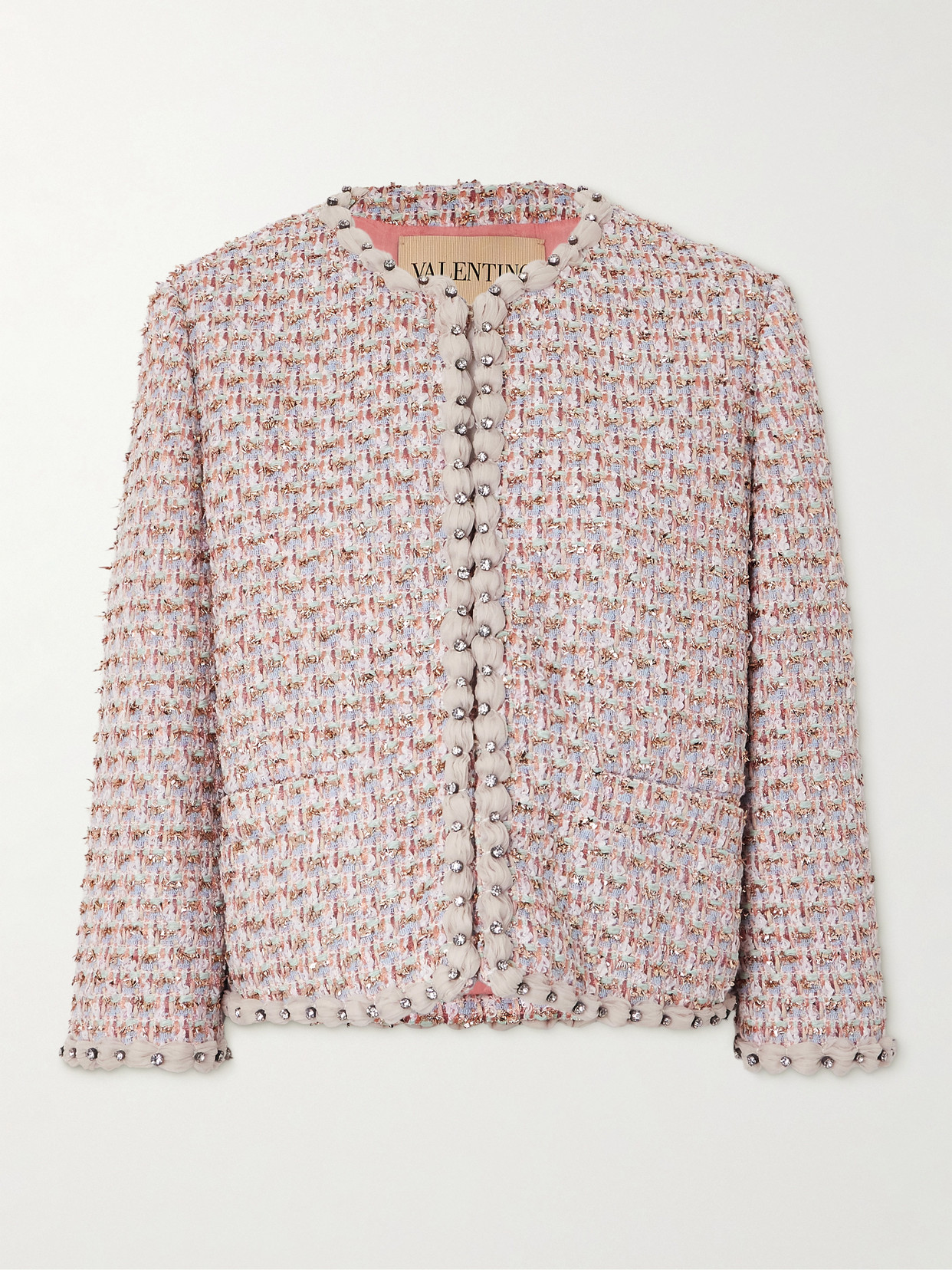 Valentino Crystal-embellished Chiffon-trimmed Metallic Tweed Jacket In Pink