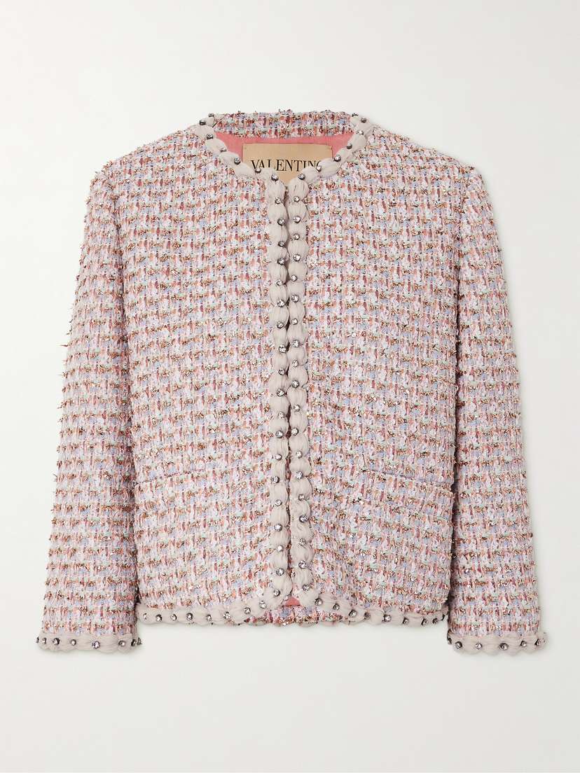 Valentino Garavani Crystal-embellished Chiffon-trimmed Metallic Tweed Jacket