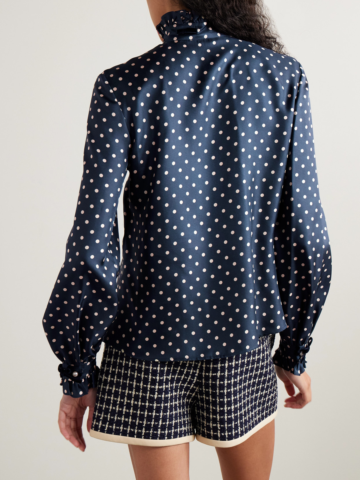 Valentino Velvet-trimmed Ruffled Polka-dot Silk-twill Shirt In Blue