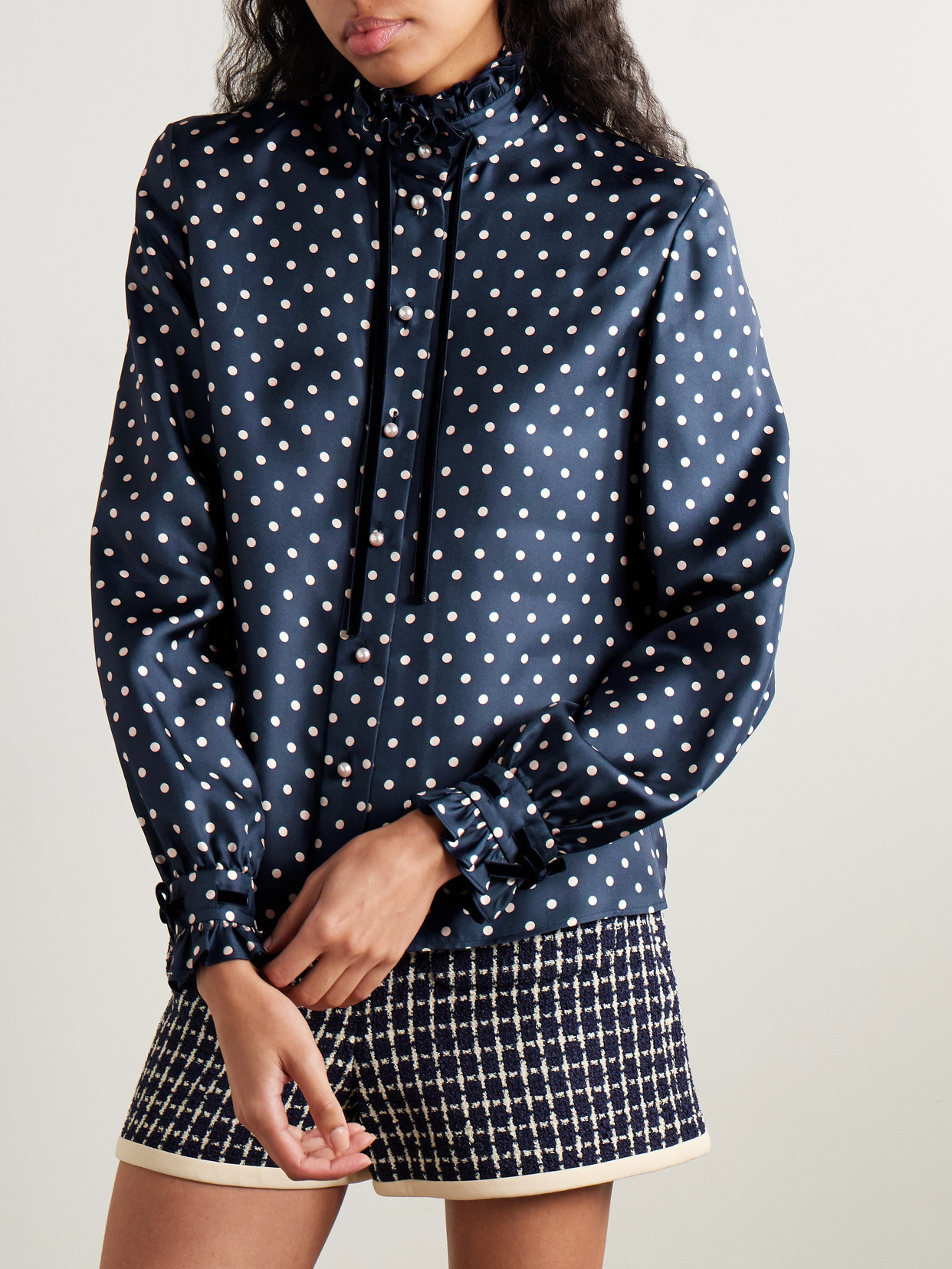 Valentino Velvet-trimmed Ruffled Polka-dot Silk-twill Shirt In Blue