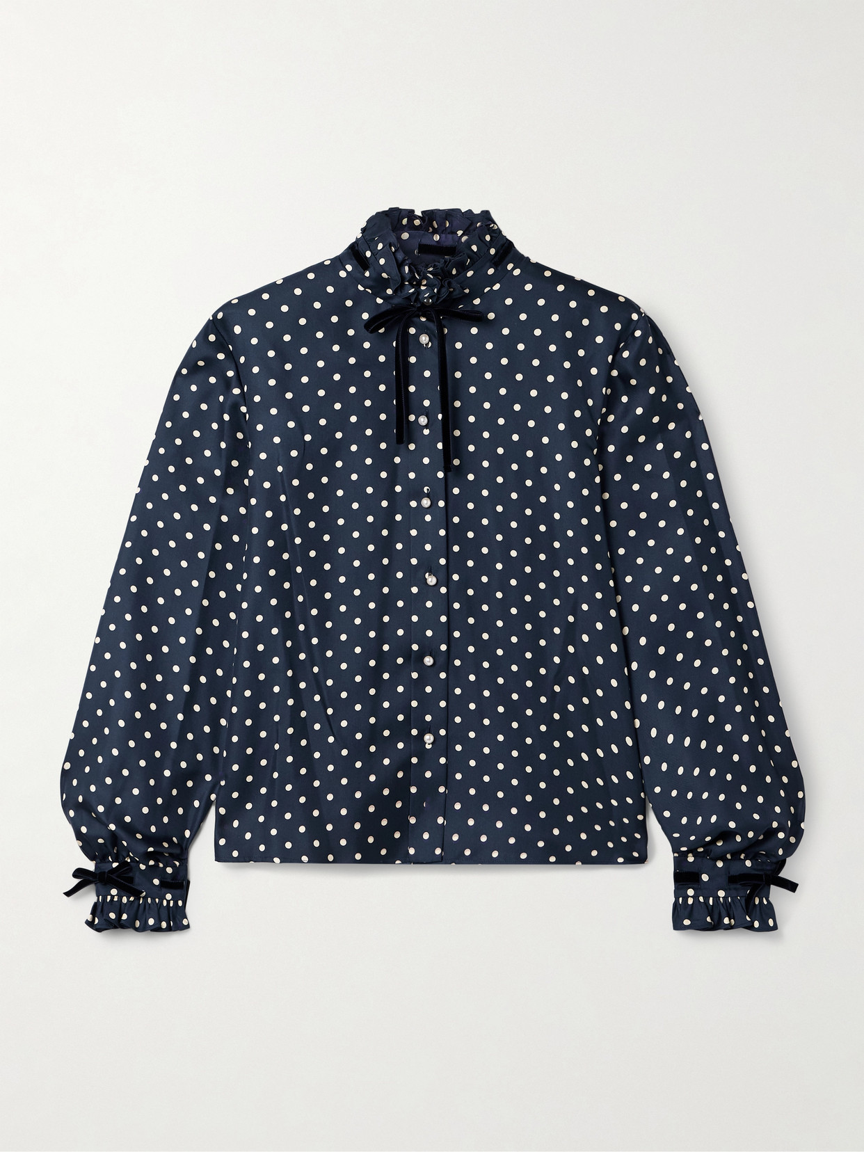 Valentino Velvet-trimmed Ruffled Polka-dot Silk-twill Shirt In Blue