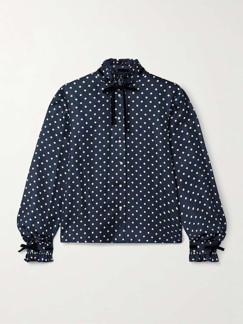 Valentino Garavani — Velvet-trimmed ruffled polka-dot silk-twill shirt