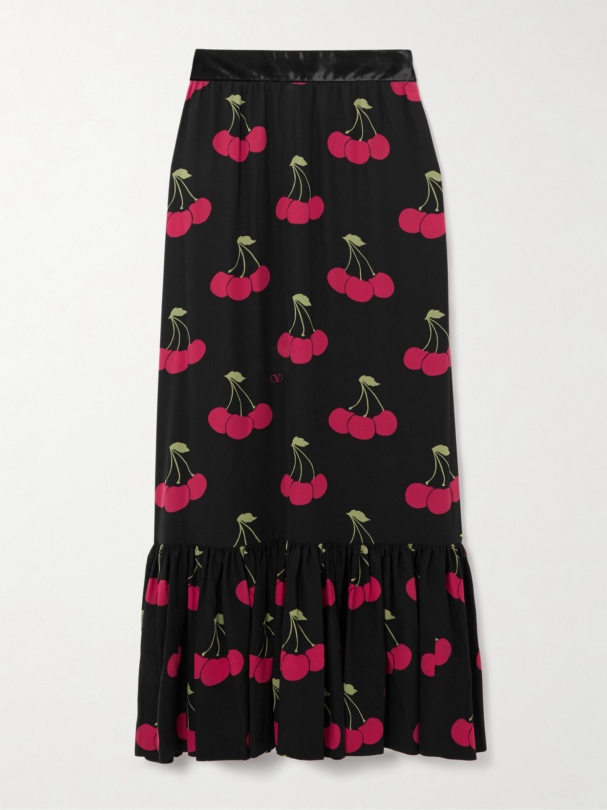 Valentino Ruched Velvet-trimmed Printed Silk-crepe Maxi Skirt In Burgundy