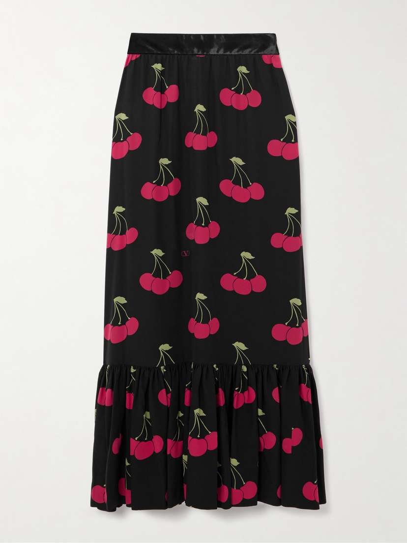 Valentino Garavani Ruched Velvet-trimmed Printed Silk-crepe Maxi Skirt