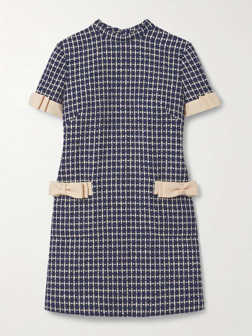 Valentino Garavani — Bow-embellished checked wool-blend bouclé mini dress