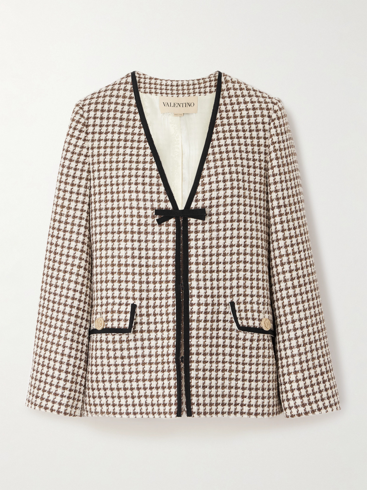 Valentino Grosgrain-trimmed Houndstooth Cotton-blend Tweed Jacket In Multi