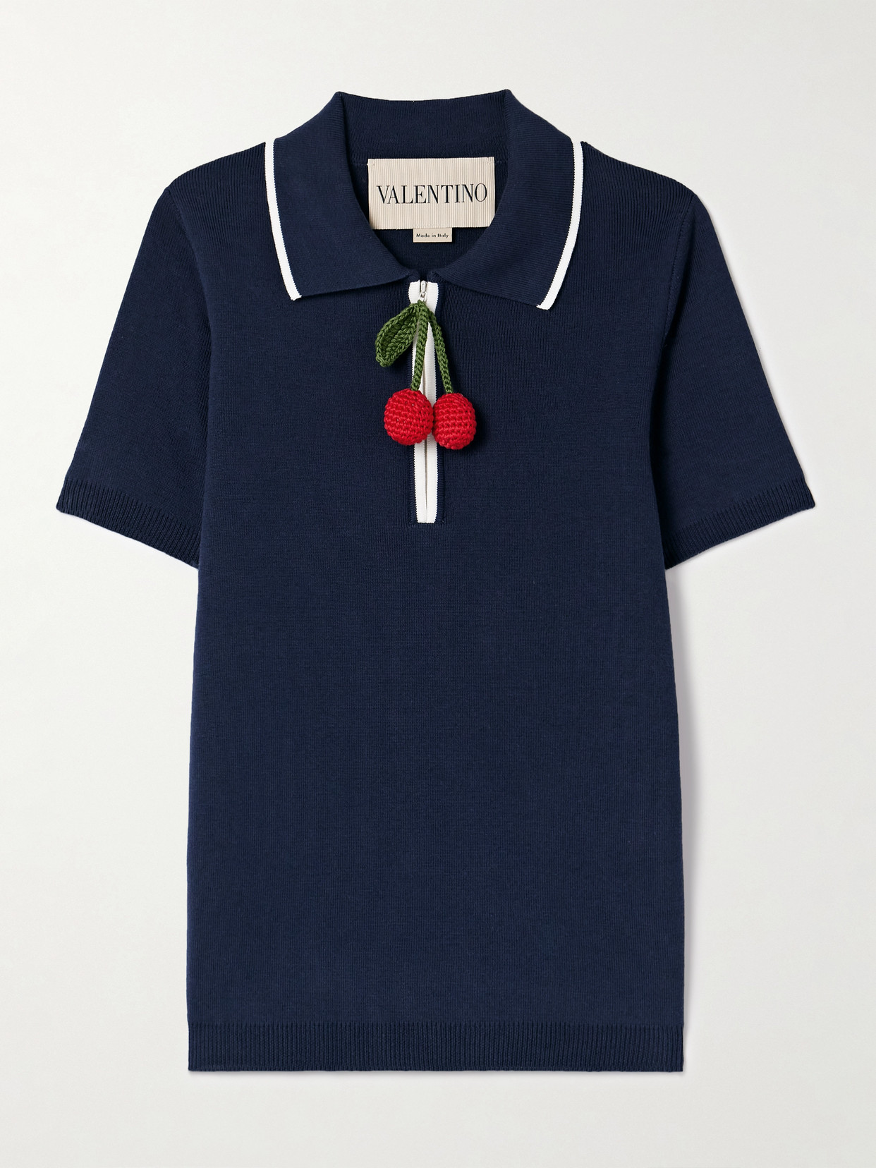 Valentino Embellished Ribbed Cotton Polo Shirt In Blue