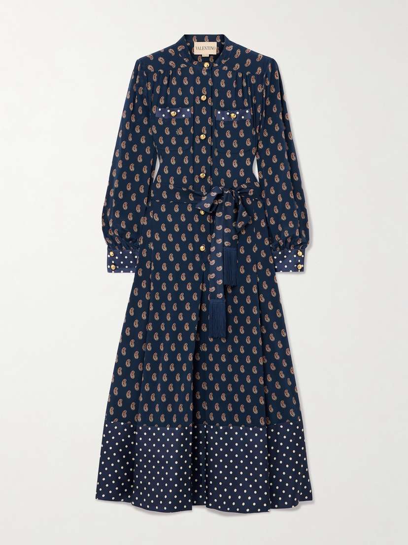 Valentino Garavani Fringed Belted Printed Silk-satin Midi Shirt Dress
