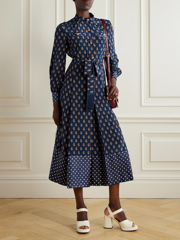 Valentino Garavani Fringed belted printed silk-satin midi shirt dress