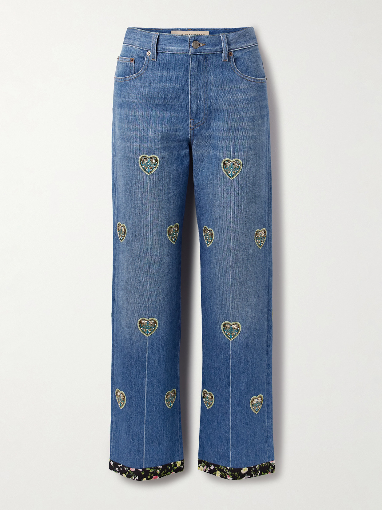 Valentino Embroidered Embellished High-rise Straight-leg Jeans In Blue