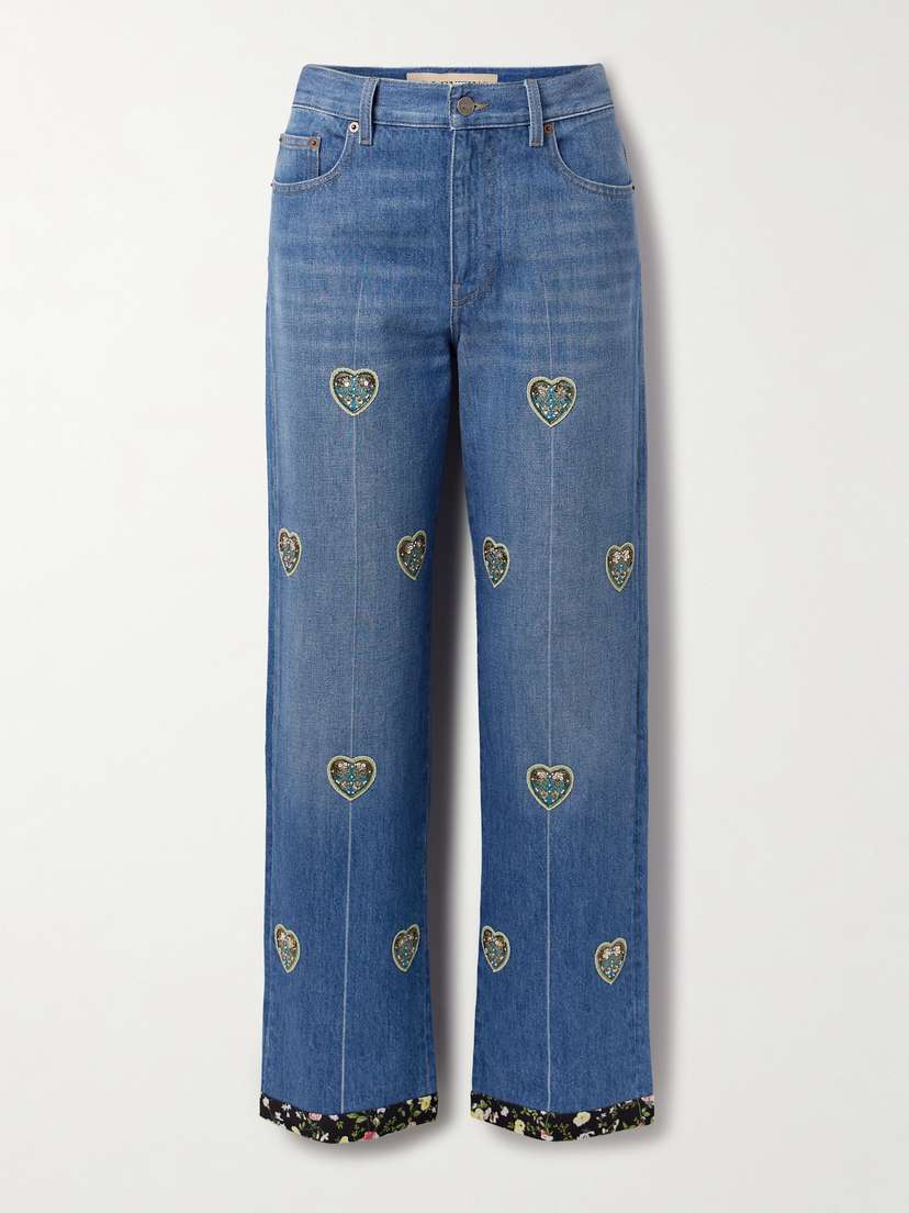 Valentino Garavani — Embroidered embellished high-rise straight-leg jeans