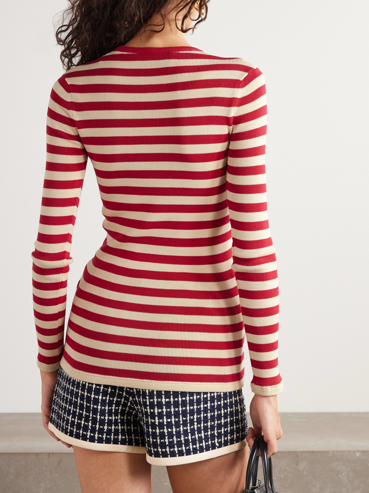 Valentino Embroidered Striped Ribbed-knit Cotton Sweater In Red