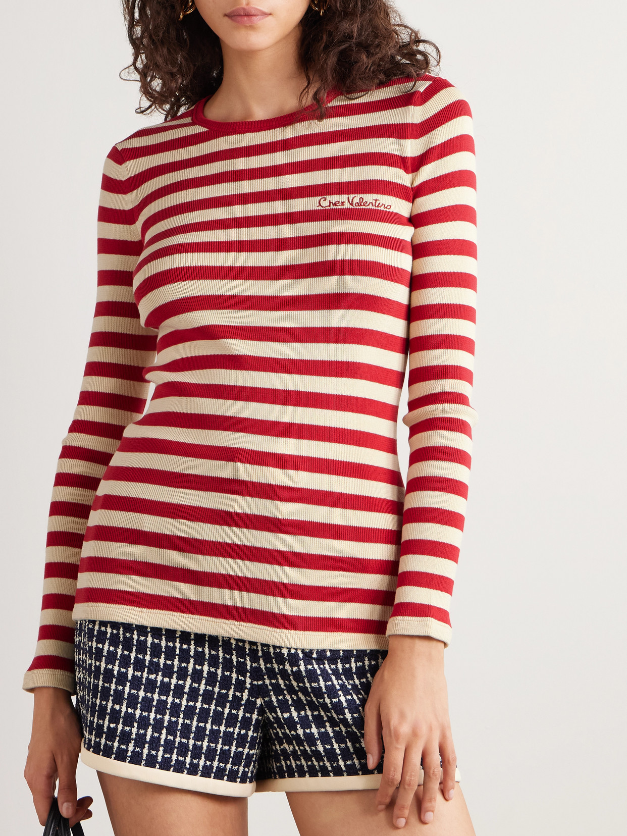 Valentino Embroidered Striped Ribbed-knit Cotton Sweater In Red