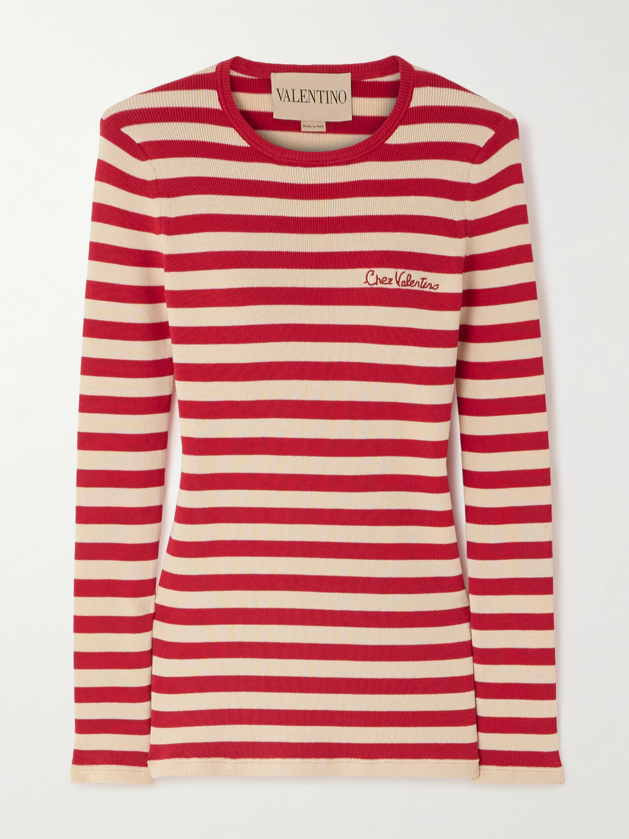 Valentino Embroidered Striped Ribbed-knit Cotton Sweater In Red
