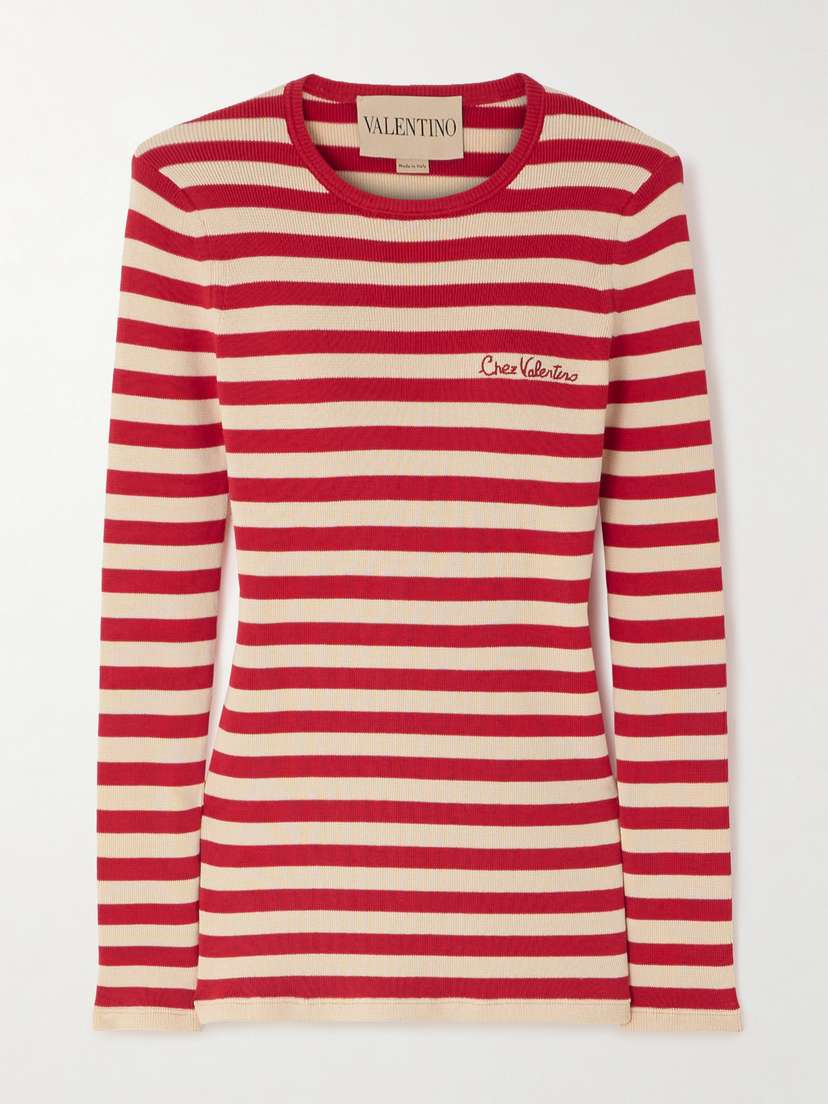 Valentino Garavani — Embroidered striped ribbed-knit cotton sweater