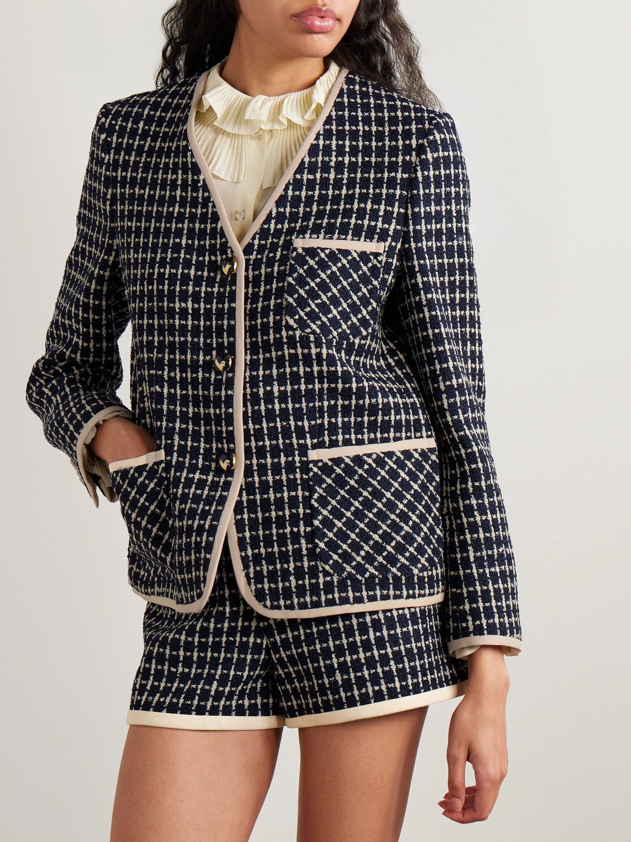 Valentino Boucle Wool Blend Jacket With Contrast Trim In Blue
