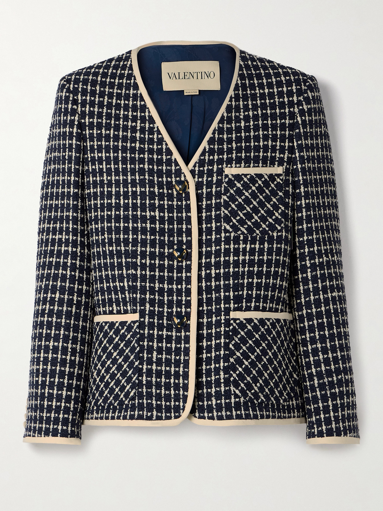 Valentino Crepe-trimmed Checked Wool-blend Tweed Jacket In Blue