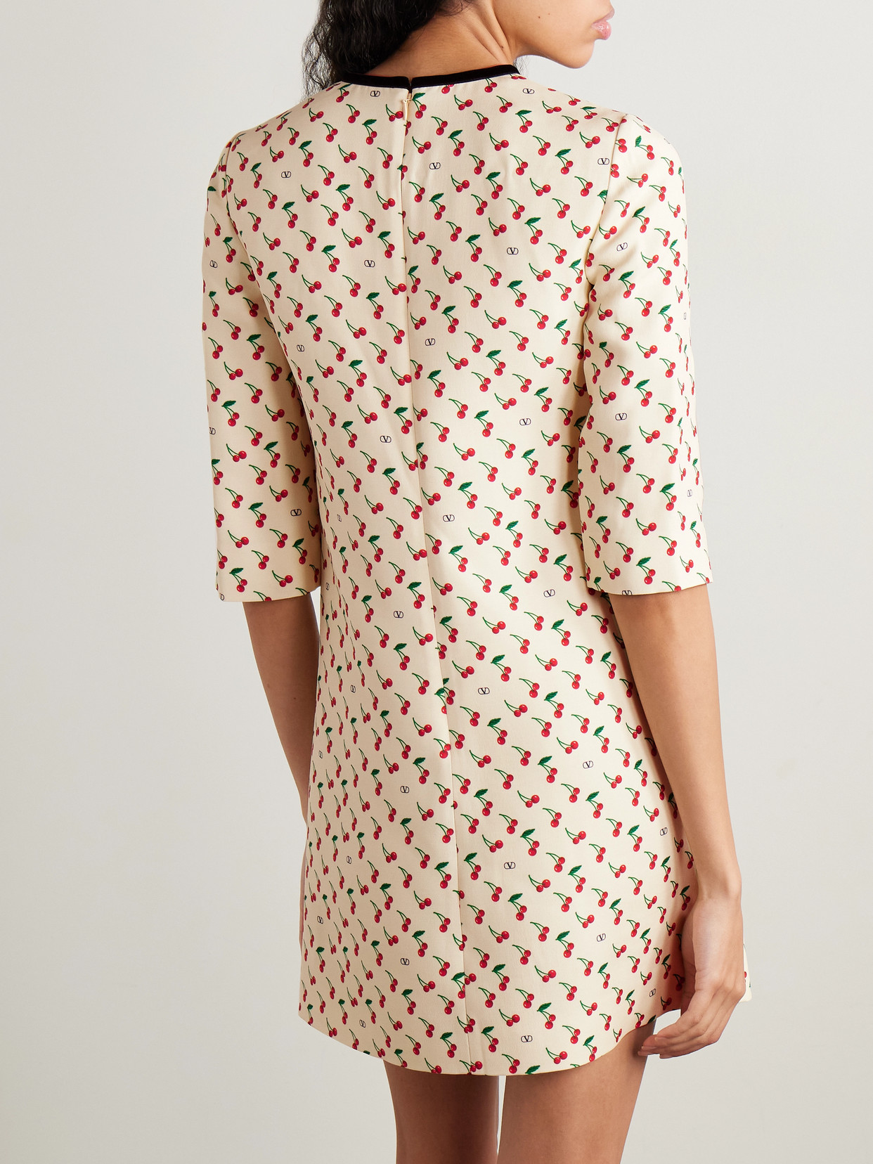 Valentino Velvet-trimmed Printed Wool-blend Crepe Mini Dress In Beige