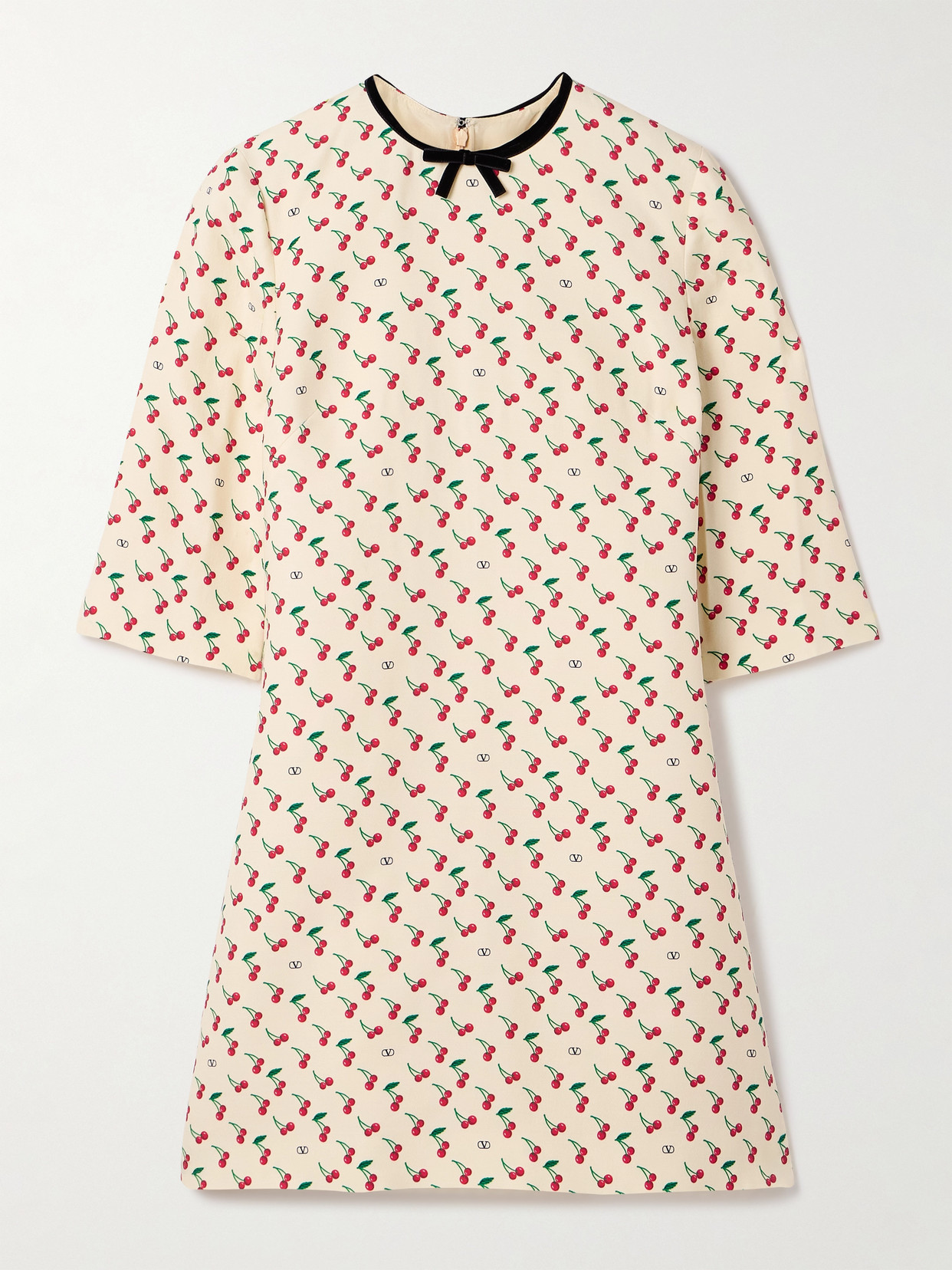 Valentino Velvet-trimmed Printed Wool-blend Crepe Mini Dress In Beige