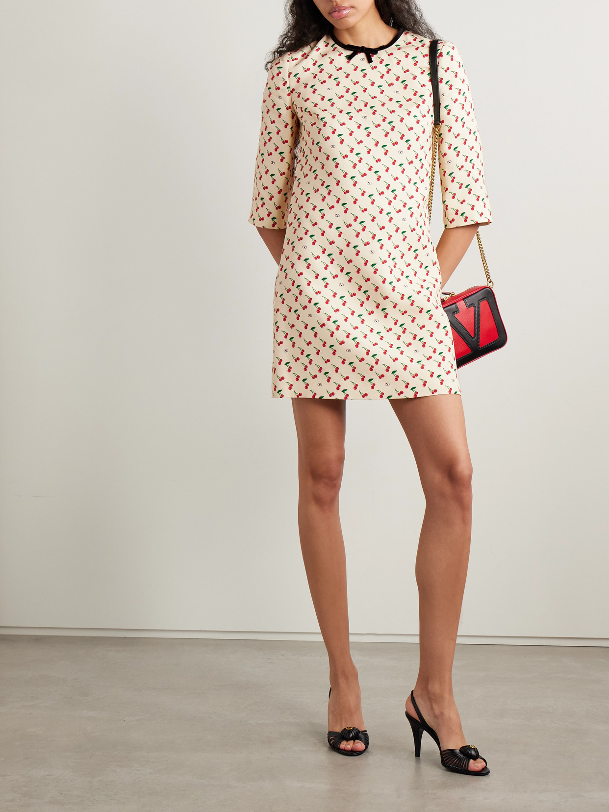 Valentino Velvet-trimmed Printed Wool-blend Crepe Mini Dress In Beige