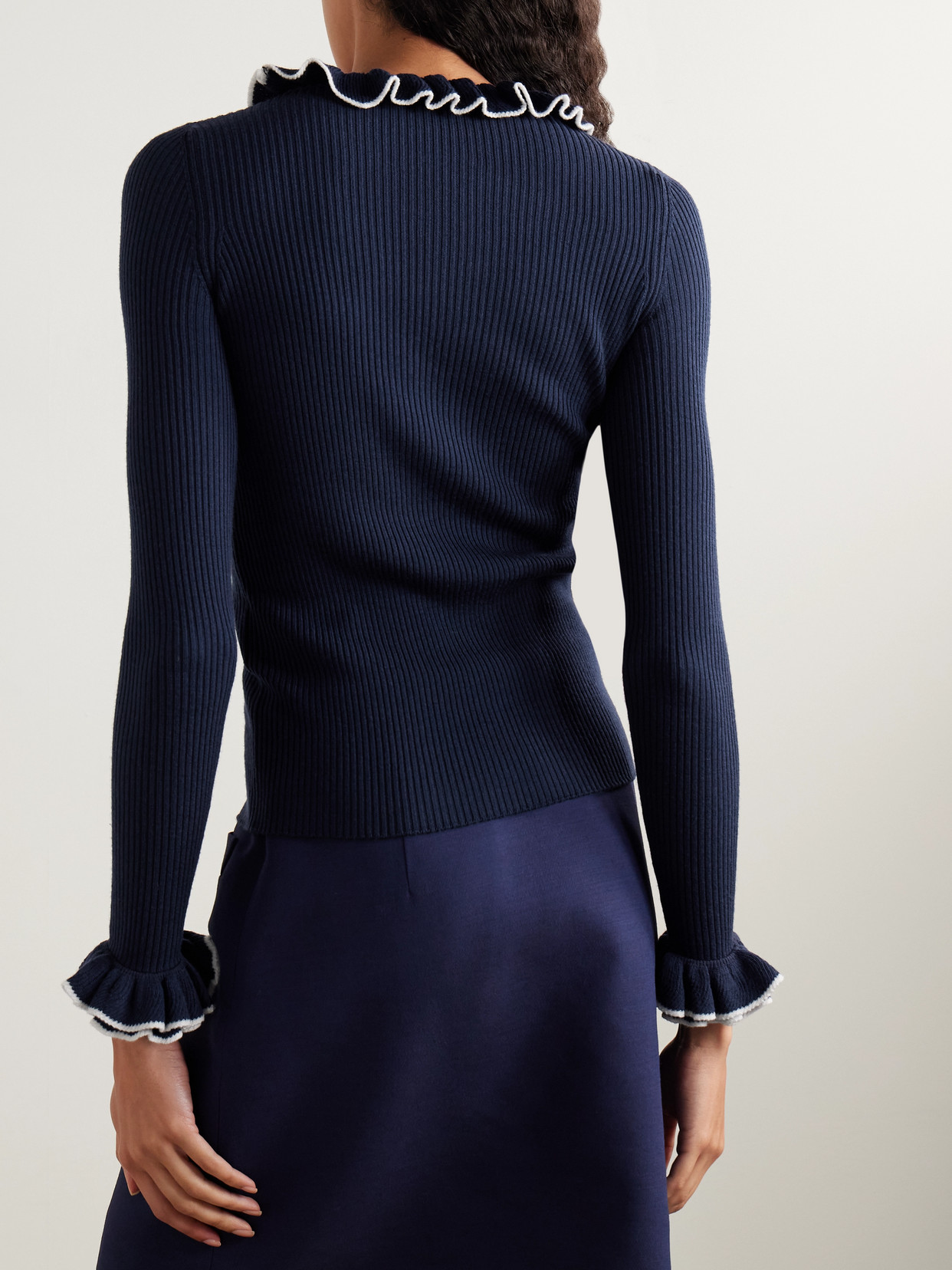 Valentino Ruffled Ribbed Wool Sweater In Blue