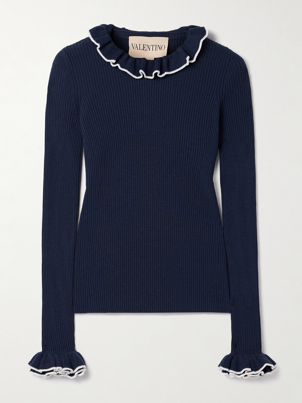 Valentino Ruffled Ribbed Wool Sweater In Blue