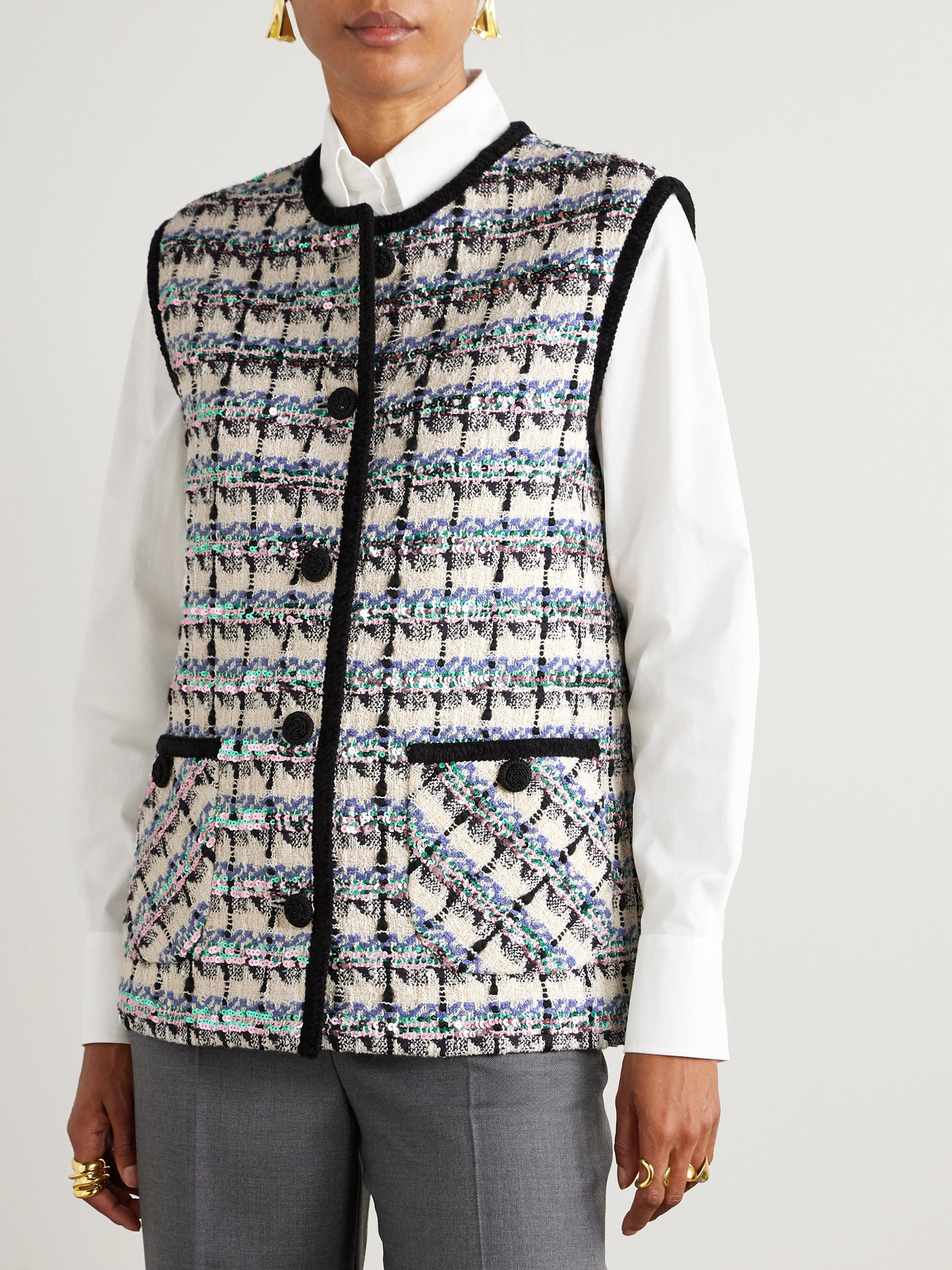 Garavani - Sequined Checked Tweed Gilet