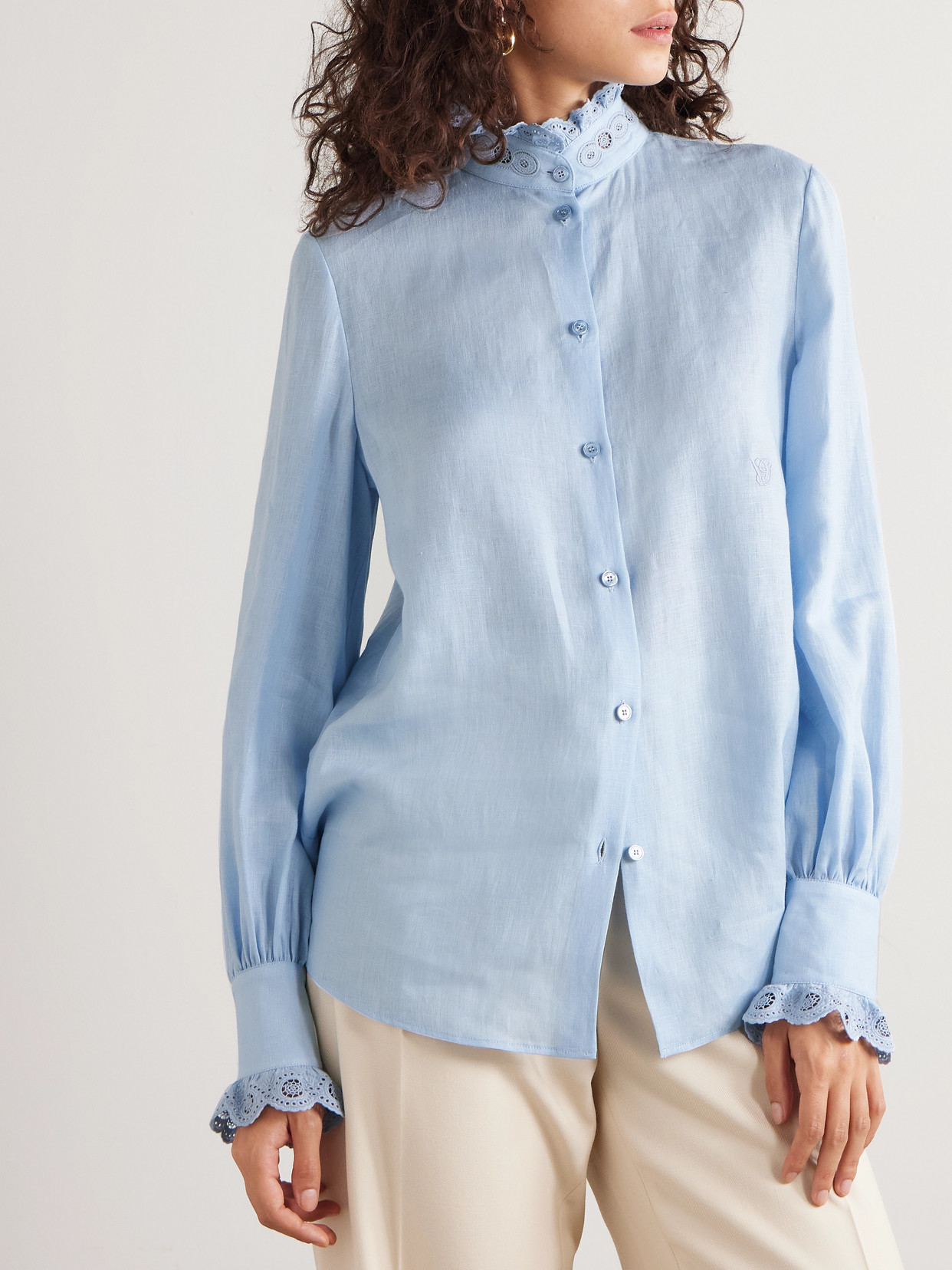 Valentino Embroidered Linen Shirt In Blue