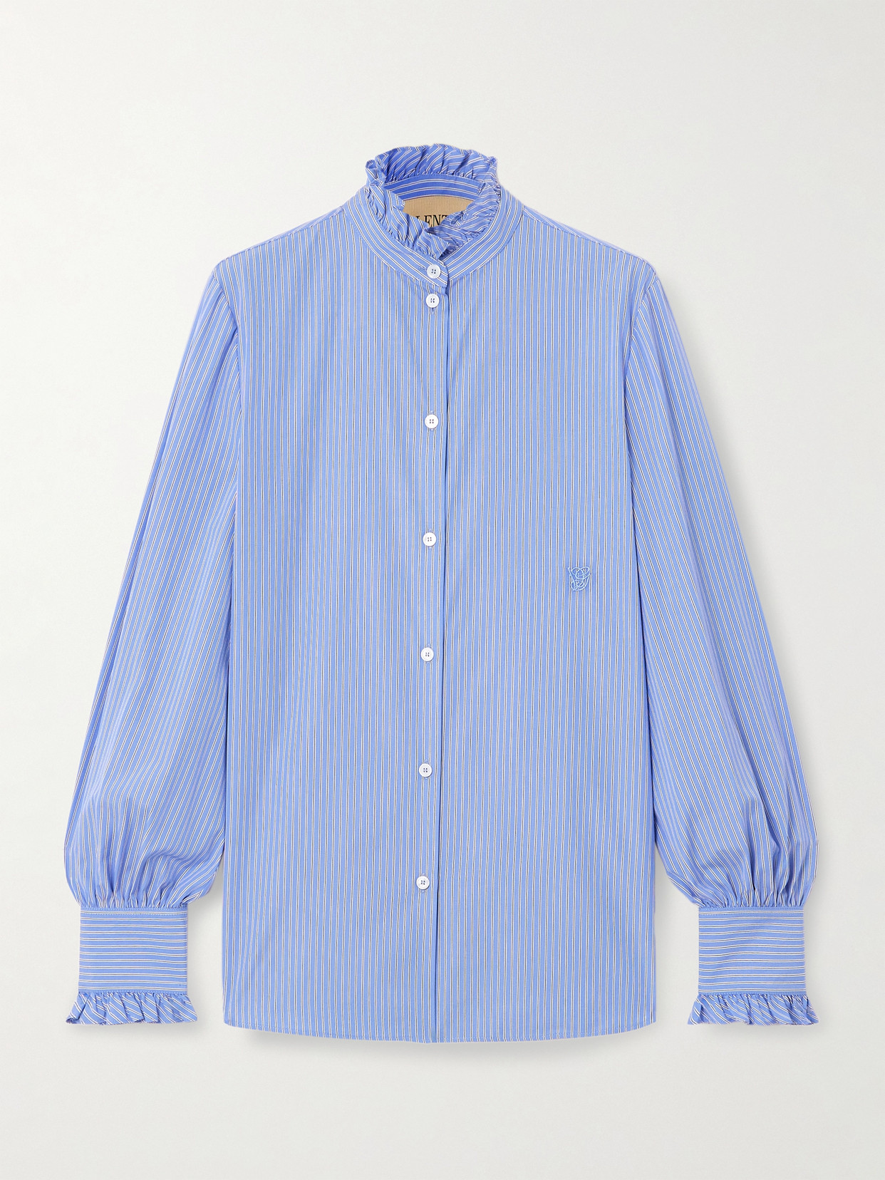 Valentino Ruffled Striped Cotton-poplin Shirt In Blue
