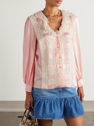 Valentino Garavani Lace and plissé chiffon-trimmed silk-crepe blouse