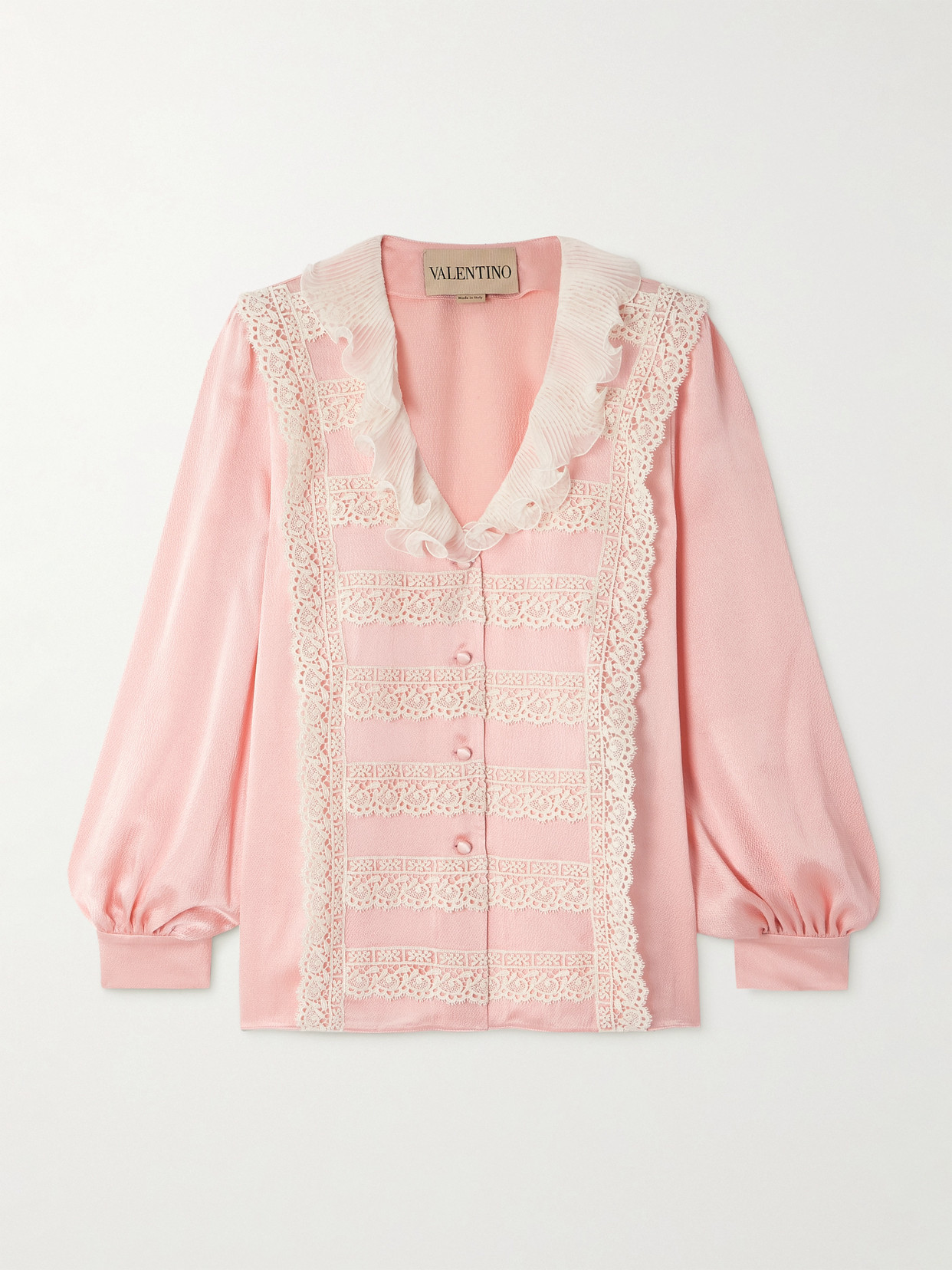 Valentino Lace And Plissé Chiffon-trimmed Silk-crepe Blouse In Pink