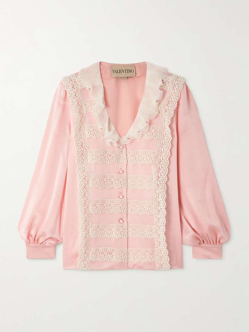 Valentino Garavani Lace And Plissé Chiffon-trimmed Silk-crepe Blouse