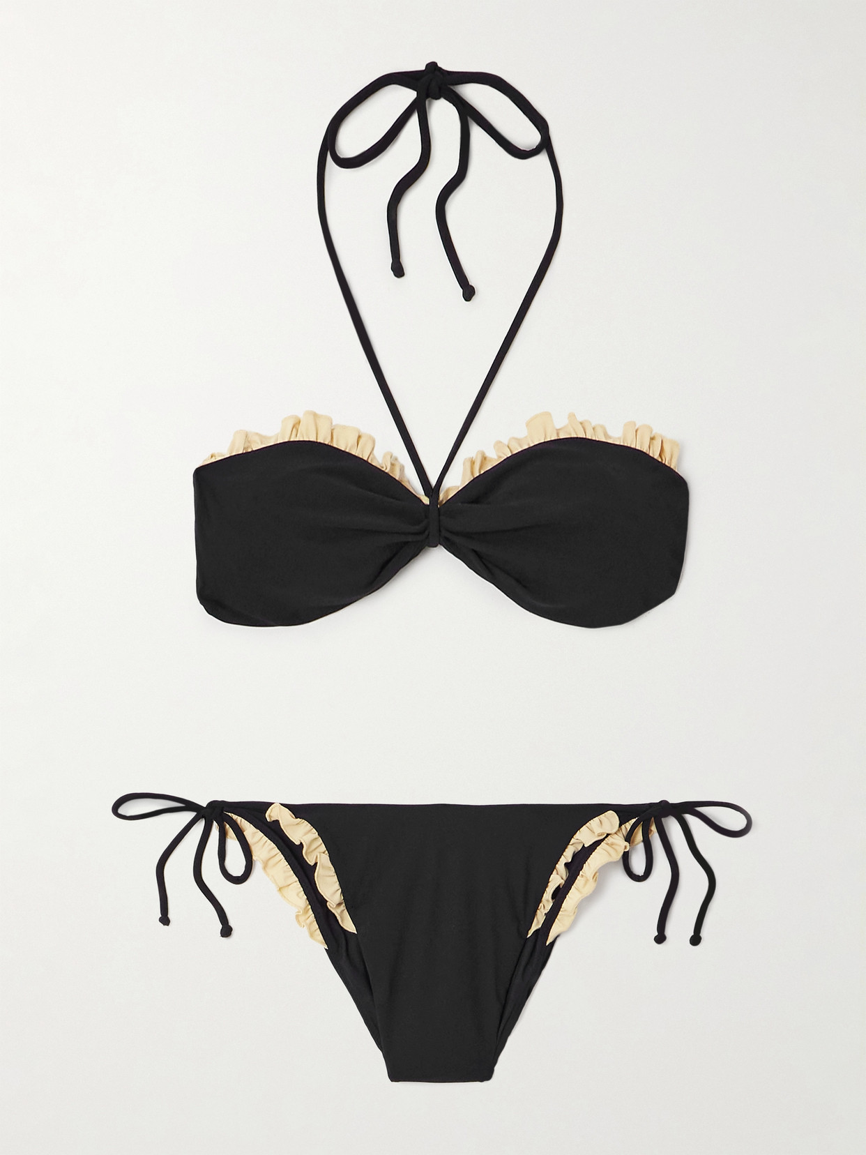 Valentino Ruffled Two-tone Halterneck Bikini In Black