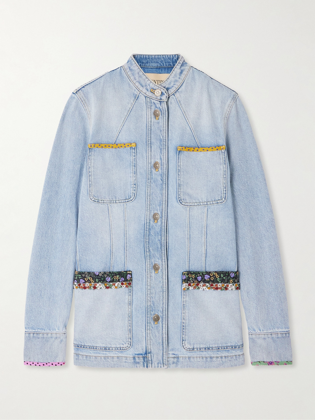 Valentino Embellished Printed Chiffon-trimmed Denim Jacket In Blue