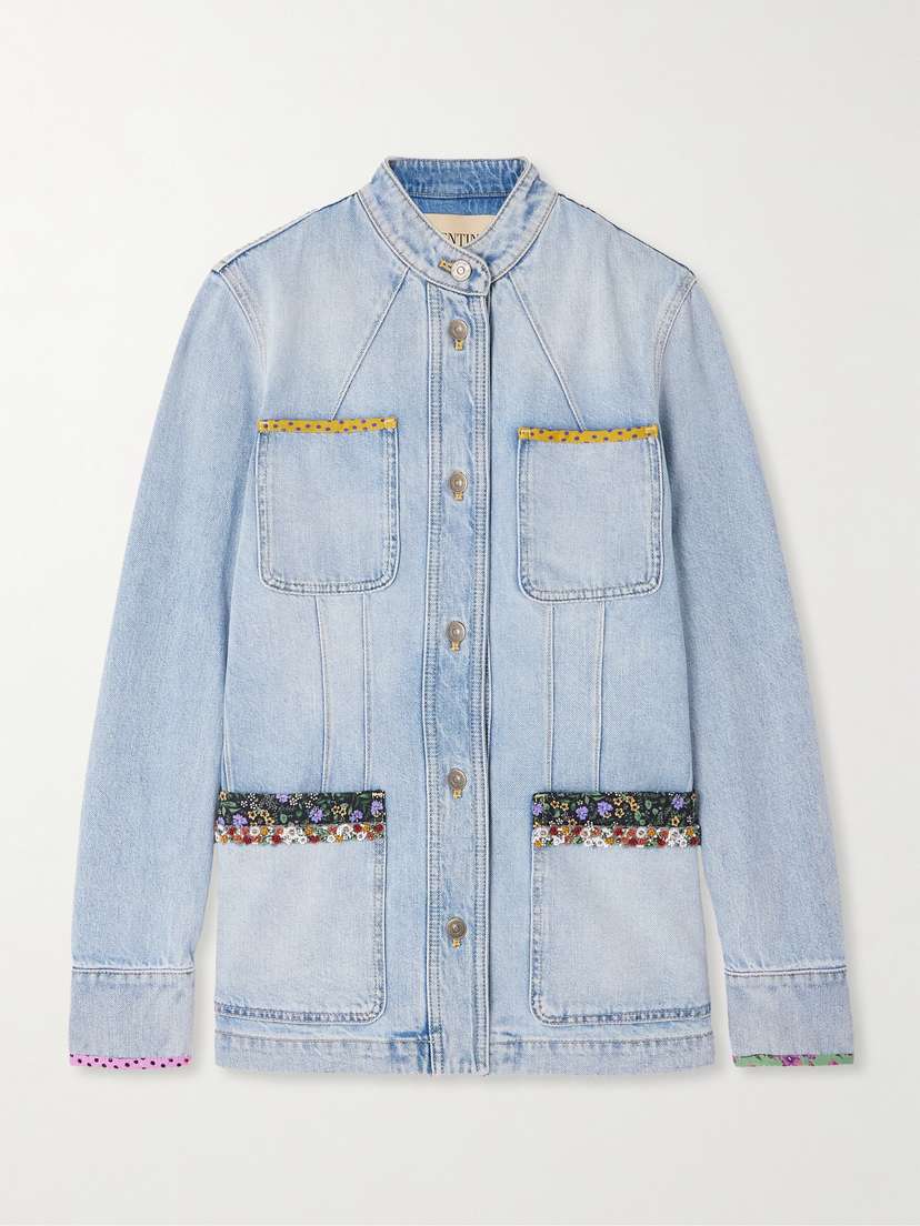 Valentino Garavani Embellished Printed Chiffon-trimmed Denim Jacket