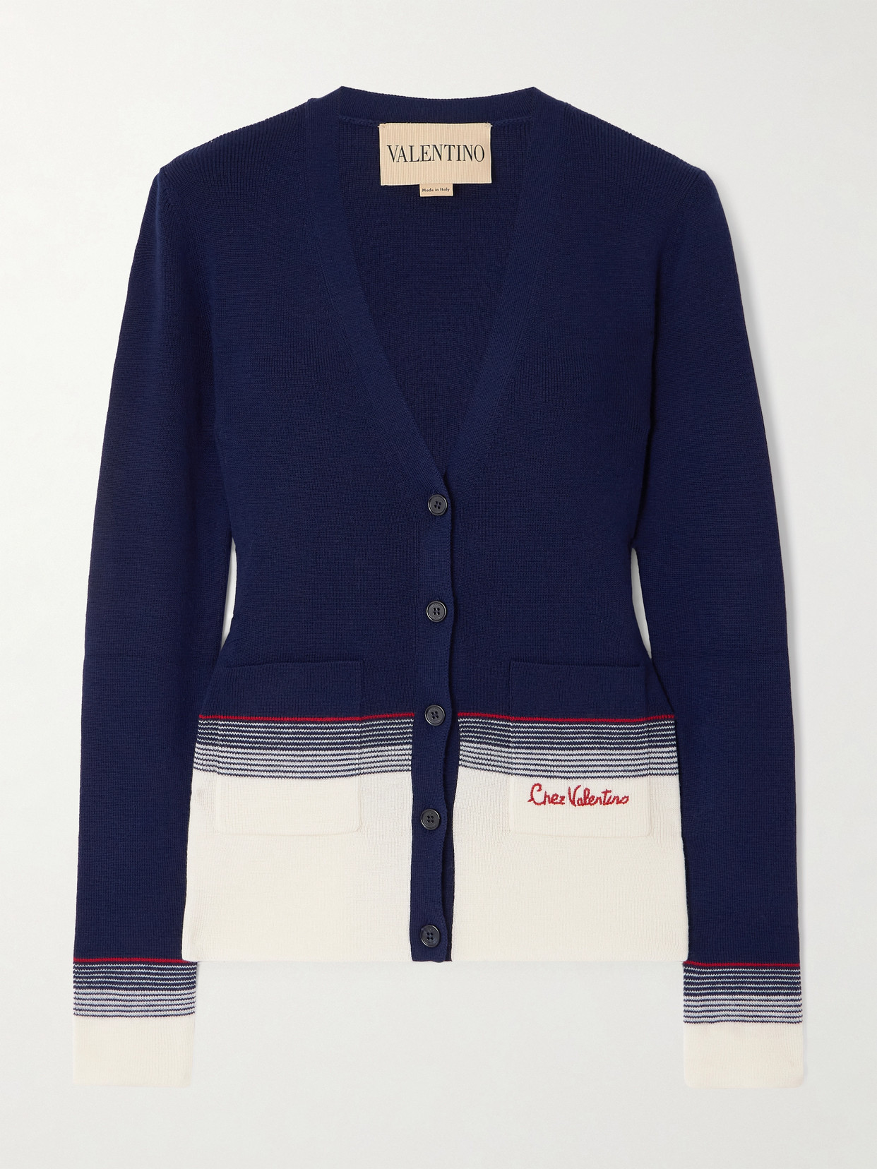 Valentino Striped Embroidered Wool Cardigan
