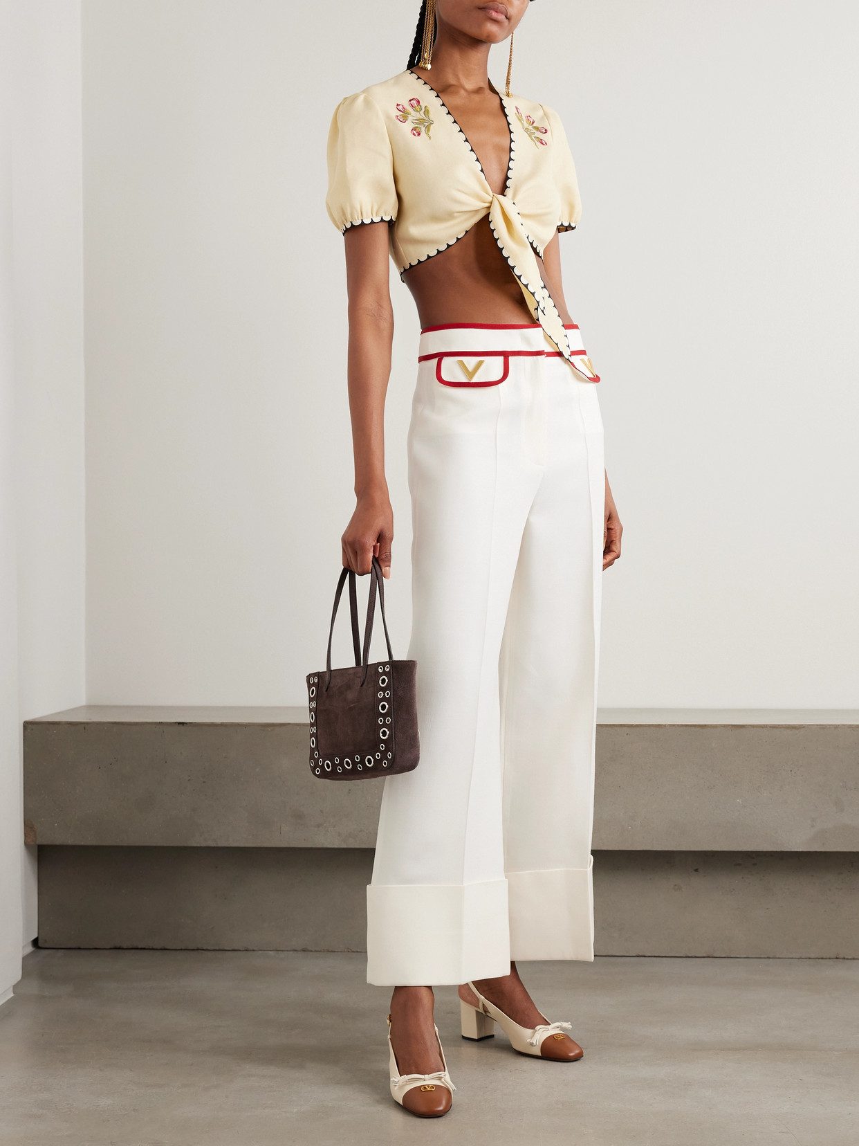 Valentino Embellished Wool And Silk-blend Wide-leg Pants In White