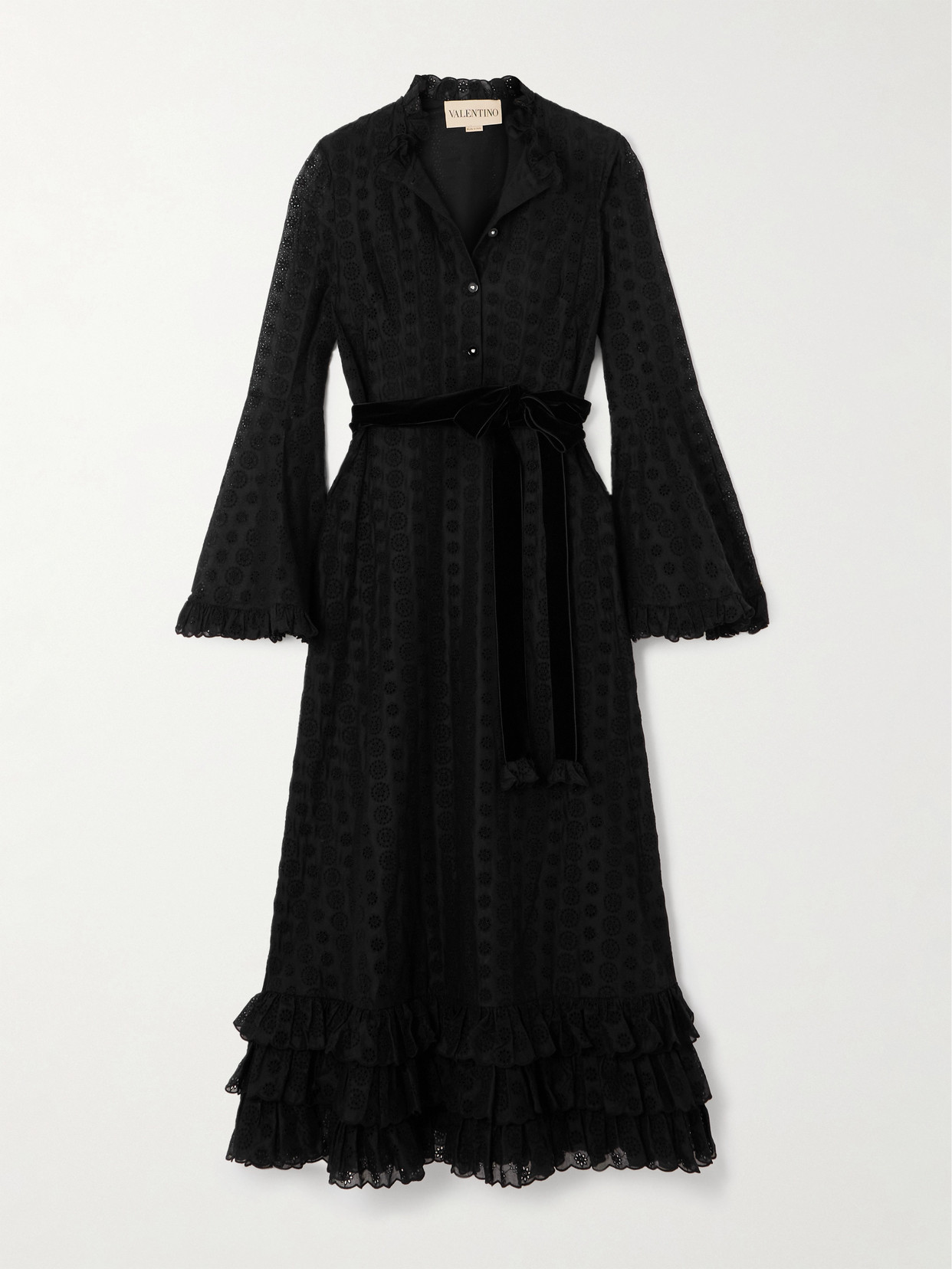 Valentino Belted Tiered Velvet-trimmed Broderie Anglaise Cotton Midi Dress In Black