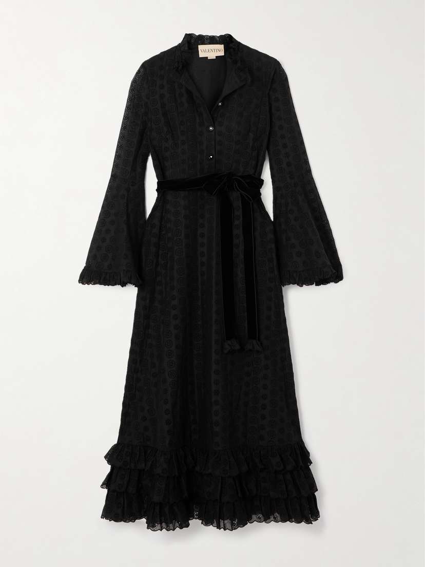 Valentino Garavani — Belted tiered velvet-trimmed broderie anglaise cotton midi dress