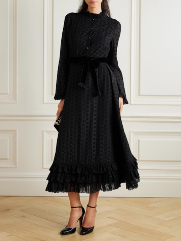 Valentino Garavani Belted tiered velvet-trimmed broderie anglaise cotton midi dress