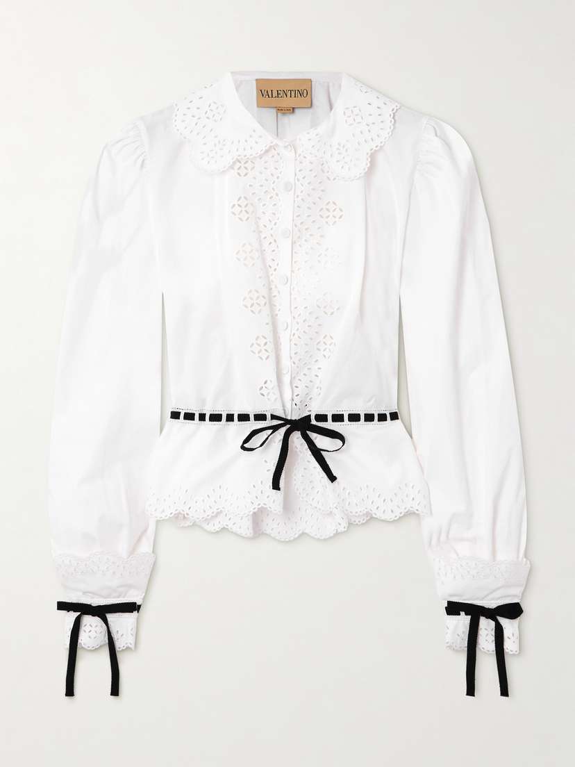 Valentino Garavani Grosgrain-trimmed Broderie Anglaise Cotton-poplin Shirt